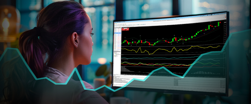 A woman observes a screen featuring a chart, engaged in analysis and interpretation of the displayed information.