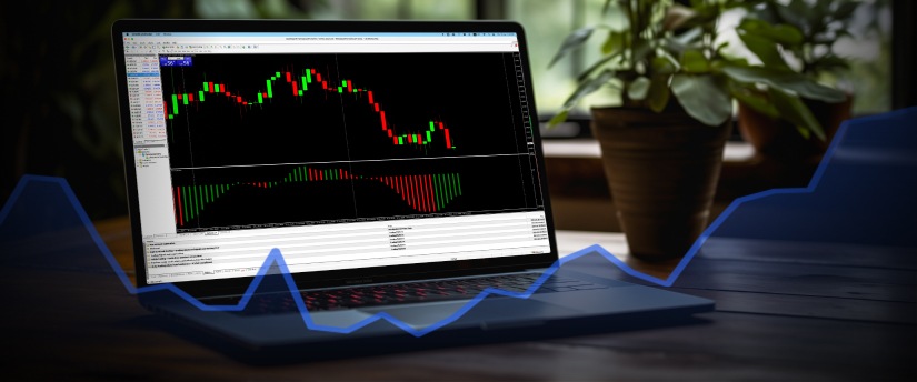Forex trading analysis on a laptop using the MetaTrader 4 platform, featuring various charts and trading tools.