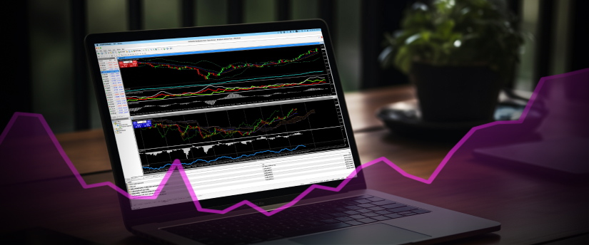 Forex trading on a laptop screen, featuring MT4 software, designed for educational purposes in trading.