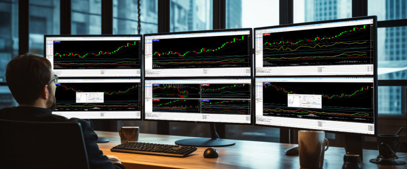 A man focused at his desk, analyzing multiple screens that showcase diverse forex trading indicators and market data.