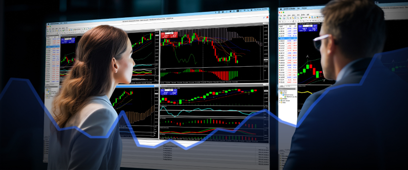 Two people engaged in reviewing trading data on a screen, concentrating on forec financial analytics and market performance.