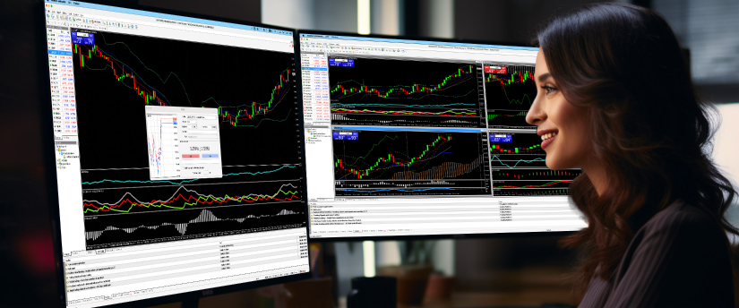 A woman intently observes two trading monitors, analyzing cfd trading and making informed decisions.