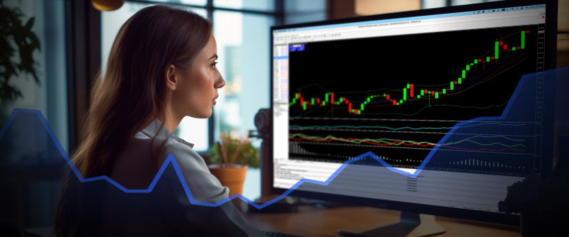 A woman studies a stock chart on her computer screen, focused on understanding financial market movements.