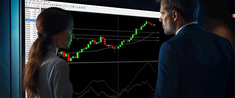 A man and woman focus on a screen that features an indicator, likely assessing data or making decisions based on its content.