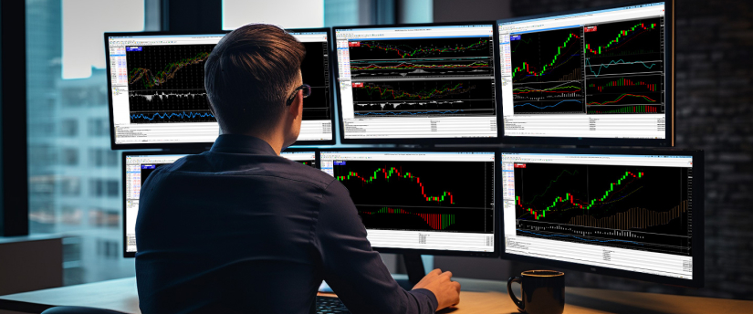 A man focused at his desk, analyzing multiple screens that showcase different trading options and financial data.