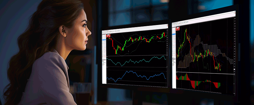A woman seated at a desk, analyzing stock market graphs on two separate computer monitors.