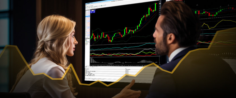 Two individuals analyzing a screen displaying an upward trend line, indicating positive growth or progress in data.