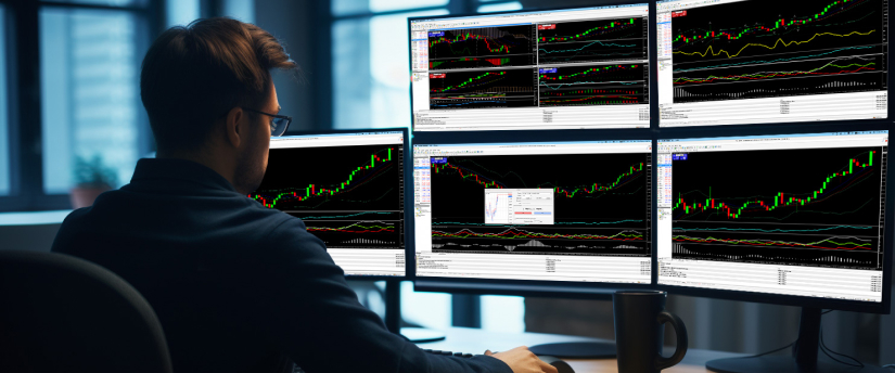A man at a desk surrounded by multiple screens, each showing different trading indicators and market data.