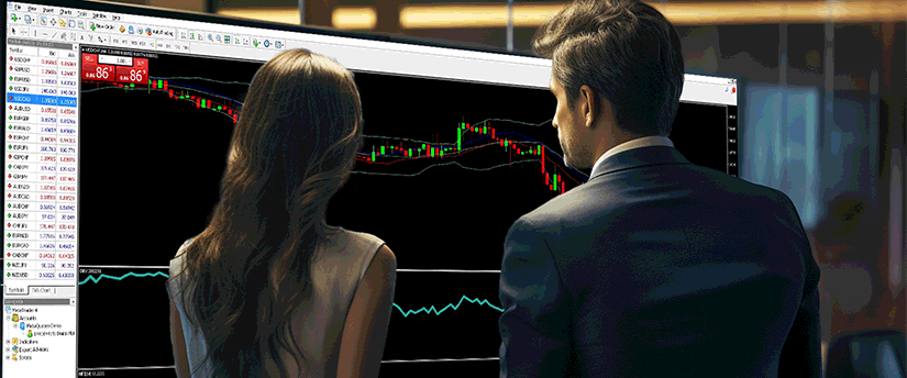 A man and woman focus on a computer screen showing stock market data, indicating a collaborative analysis.