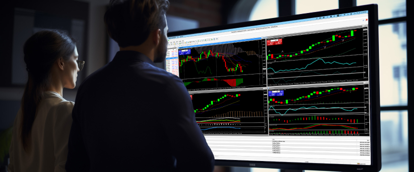 Two individuals analyzing a monitor displaying multiple trading screens filled with graphs and data.