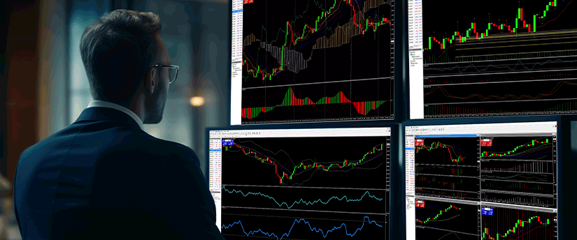 A suited man observes several screens filled with trading indicators and financial data for analysis.