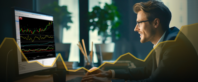 A man in a suit examines a computer screen displaying a trading chart, indicating forex data analysis or business presentation.