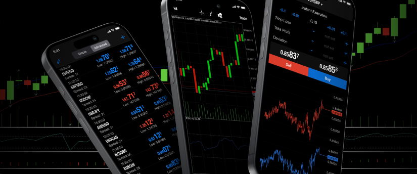 Three smartphones displaying various trading apps on their screens, showcasing different user interfaces and features.