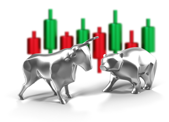Grafik indikator perdagangan banteng dan beruang yang menggambarkan tren pasar, dengan banteng melambangkan pertumbuhan dan beruang mewakili penurunan.