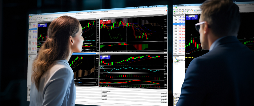 Deux personnes analysant des données commerciales affichées sur un écran d'ordinateur, concentrées sur les tendances et les statistiques du marché.