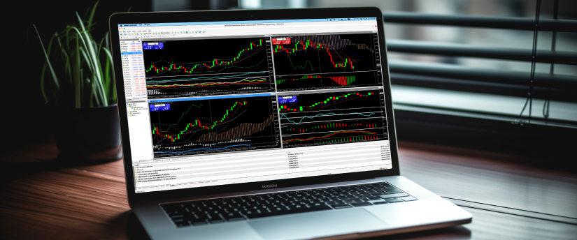Un portátil con varias pantallas, cada una mostrando diferentes plataformas de trading para una monitorización y operación del mercado eficaz.