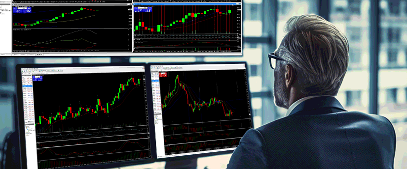 A suited man examines two computer screens showing different trading indicators and graphs.