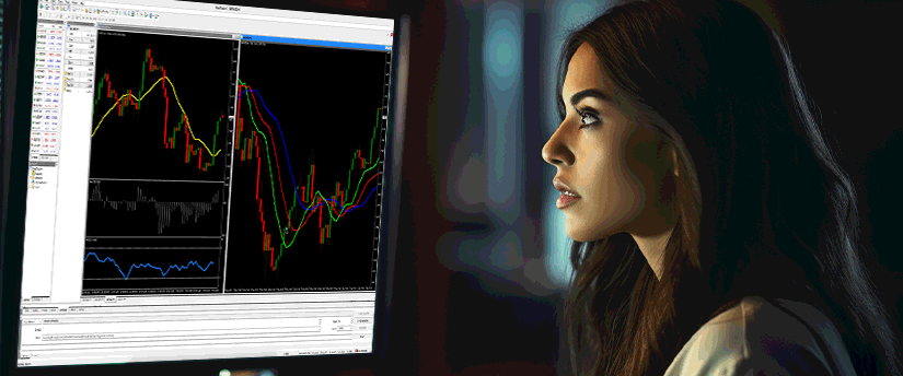 A woman analyzes a trading chart on her computer screen, focusing on market trends and data analysis.