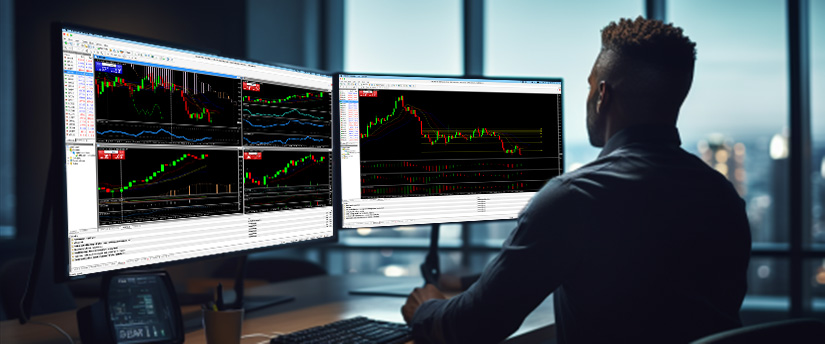 A man sits at a desk with two monitors displaying various trading screens and data analysis.