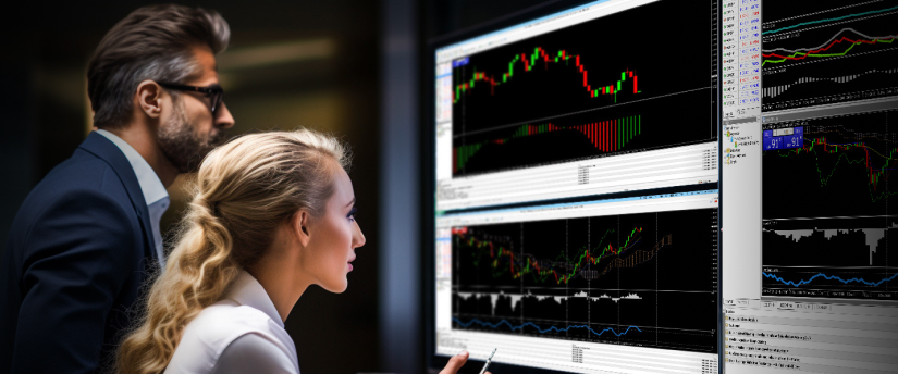 Two individuals analyzing stock trading data on a computer screen, focused on market trends and investment strategies.