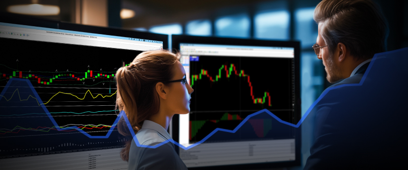Two individuals analyzing a stock market graph displayed on a screen, engaged in discussion about market trends.