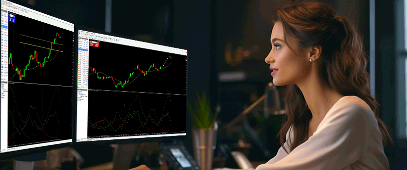 A woman seated at a desk, focused on two monitors showing different trading platforms and market data