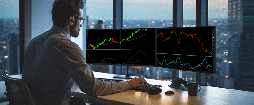 Un analyste de trading forex surveille des graphiques de devises en direct sur deux écrans dans un bureau moderne, étudiant les tendances du marché et les mouvements des prix