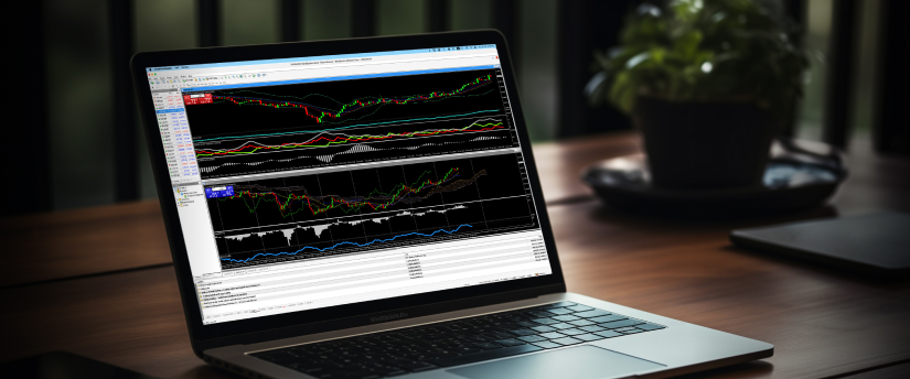 Um computador portátil exibindo uma plataforma de negociação forex com gráficos e pares de moedas no ecrã