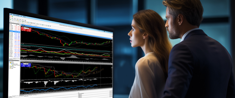 Two CFD traders analyzing charts on a large screen, reviewing market strategies and trading signals for potential opportunities.