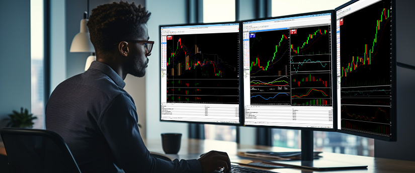 A man at a desk with three monitors displaying various forex trading screens and data analysis.