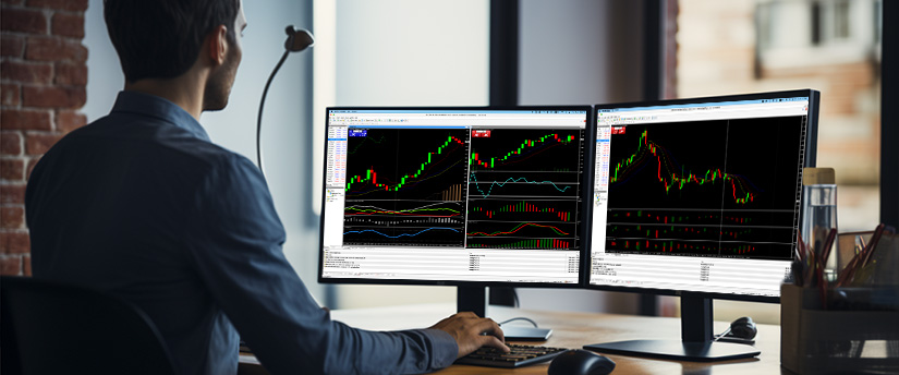 Man working at a dual-monitor setup displaying MT4 charts with indicators, price movements and technical analysis tools.