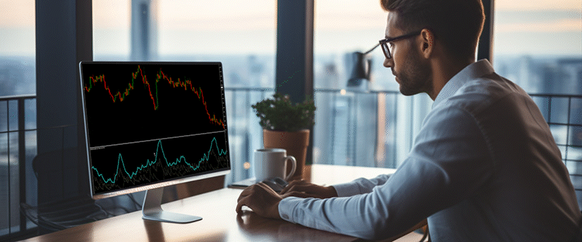 A man at a desk analyzes a forex stock chart on his computer screen.