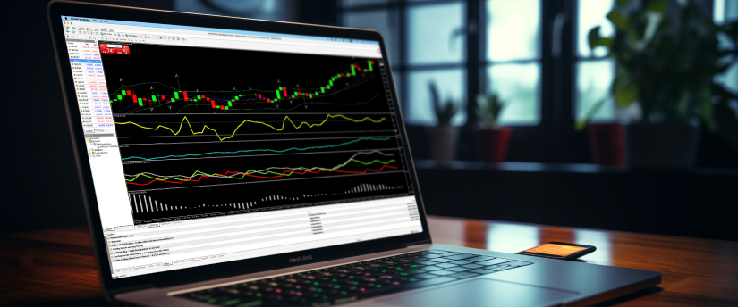Gros plan sur un ordinateur portable affichant un logiciel de trading forex, avec des graphiques et des paires de devises visibles.