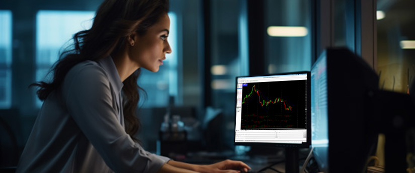 Woman focused on a single monitor displaying demo MT4 trading charts in a modern office environment, analysing market movements and indicators