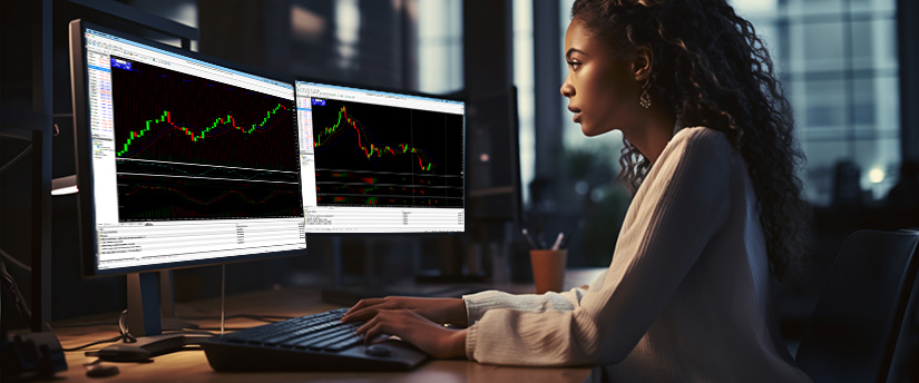 Female trader using a trading platform on dual monitors, analyzing financial charts and market movements at her desk
