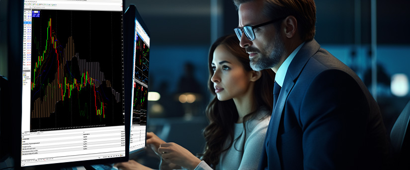 Duas pessoas analisando um gráfico de negociação exibido em uma tela de computador, concentradas nas tendências e dados do mercado forex