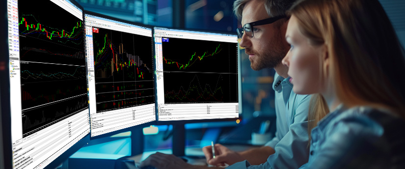 Two traders analysing multiple forex charts on trading screens in a modern office, representing Forex Trading School learning courses.