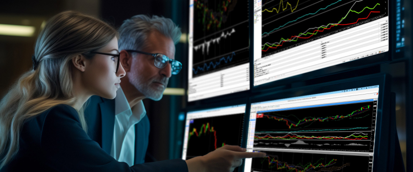 Two traders analyzing multiple monitors displaying forex trading charts, indicators, and market trends in a dark office setting.