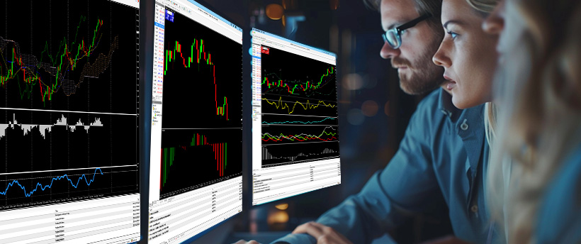 Deux personnes étudiant des données de trading forex affichées sur un écran d’ordinateur, engagées dans l’analyse financière