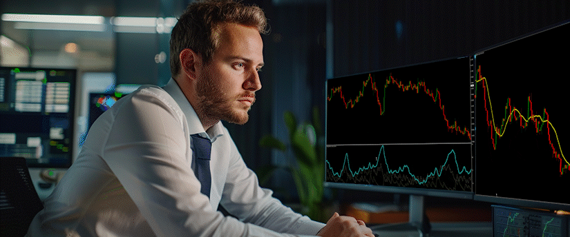 Man in an office analyzing forex trading charts on multiple computer monitors.