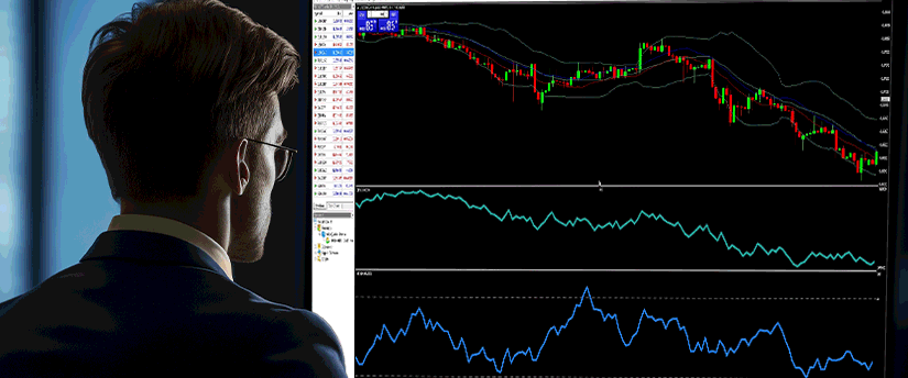 Um homem de fato estuda um ecrã de computador com indicadores de negociação forex, refletindo os hábitos dos negociadores forex.