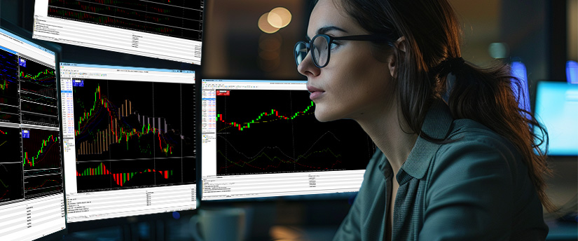 A woman with glasses observes multiple trading monitors, illustrating the focused habits of forex traders.