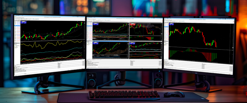Tres monitores muestran diversas estrategias comerciales, incluyendo tablas, gráficos y datos de mercado para el análisis y la toma de decisiones.