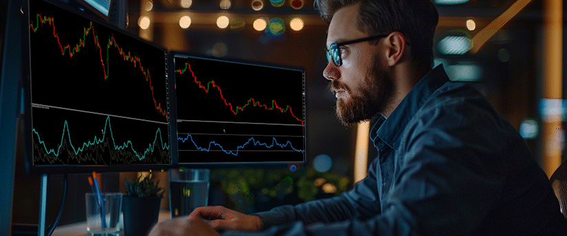 Trader watching price charts on dual monitors while applying different silver trading methods.