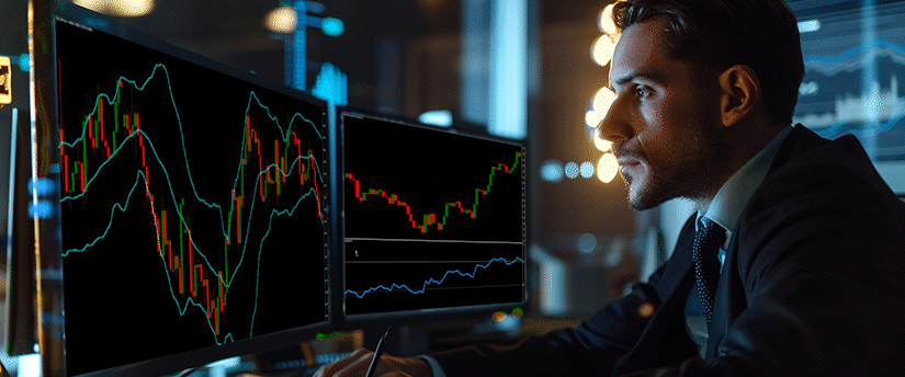 A man in a suit intently watches two computer monitors showing financial candlestick charts, reviewing forex news trading strategies.
