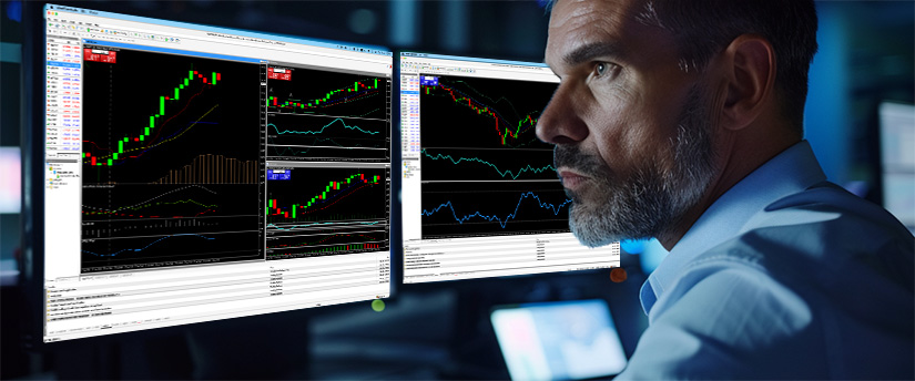 A focused man in a blue shirt analyzes multiple financial charts on dual monitors, conveying concentration and a high-stakes trading environment, using a currency strength meter to track market movements.