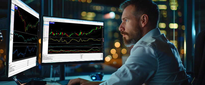 A man in a modern office intensely studies financial graphs on dual computer monitors at night, indicating focus and analytical thinking, with attention to economic indicators affecting forex markets.