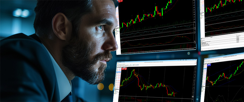 A focused man in a dimly lit office studies multiple computer screens displaying stock market graphs and charts, conveying concentration and analysis, with emphasis on economic indicators affecting forex markets.