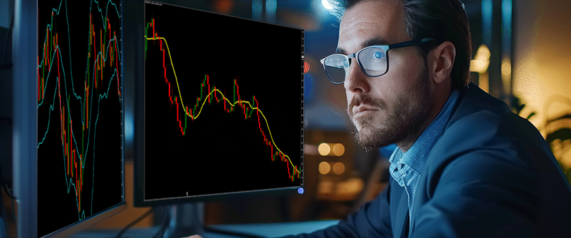 The image shows a man intently focused on multiple computer monitors displaying financial market charts, typical of a professional trading, financial analysis, or data monitoring environment at night, using a currency strength meter.