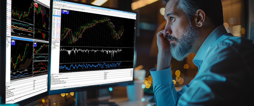A man in a blue shirt intently watches two computer screens displaying complex financial charts and data, in a dimly lit room with a focused expression, applying a trendline breakout strategy to spot potential market moves.